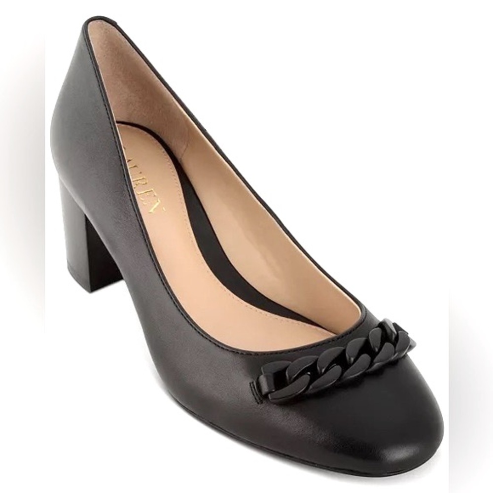 Ralph Lauren Women Jacksen Black Leather Block Heels Pumps Sz 7B